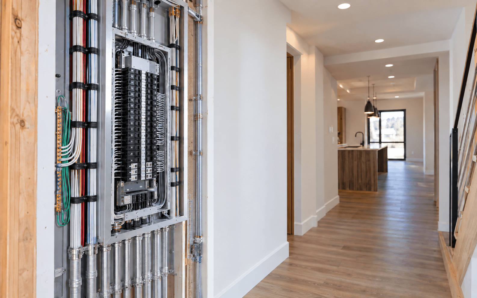 Quadro elétrico residencial com circuitos e conduítes organizados