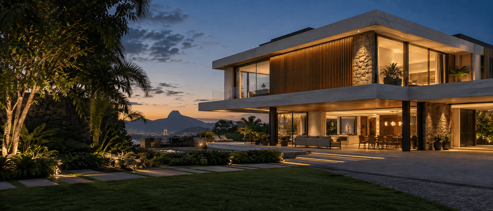 Residência contemporânea de alto padrão ao anoitecer