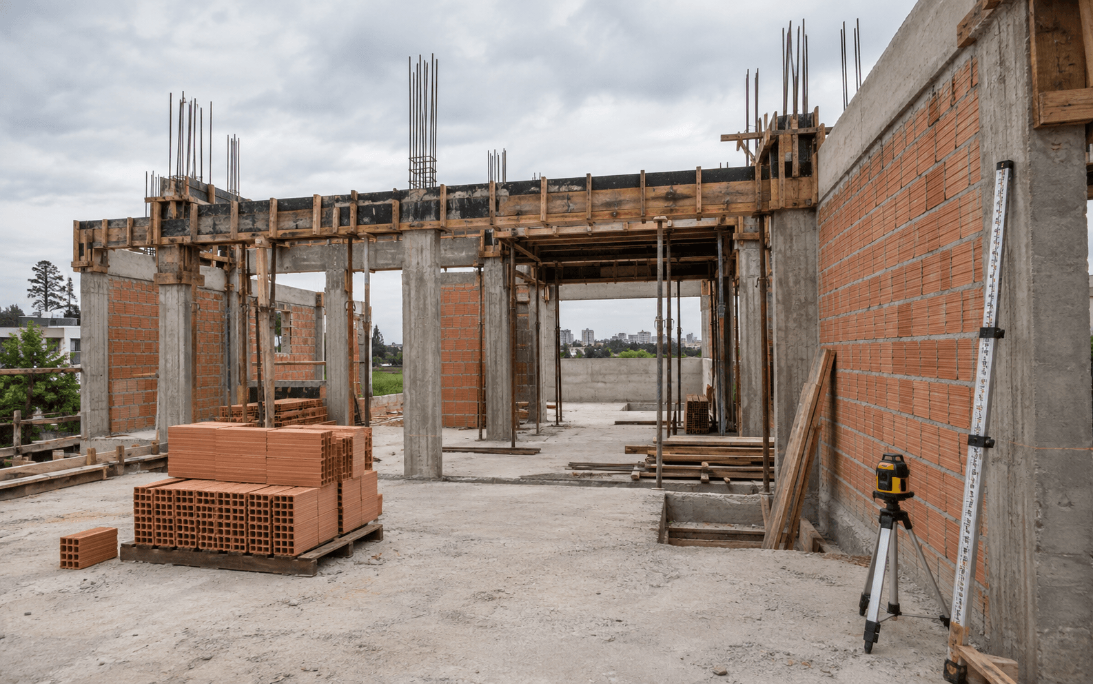 Estrutura de ampliação em execução com conexão entre concreto e alvenaria