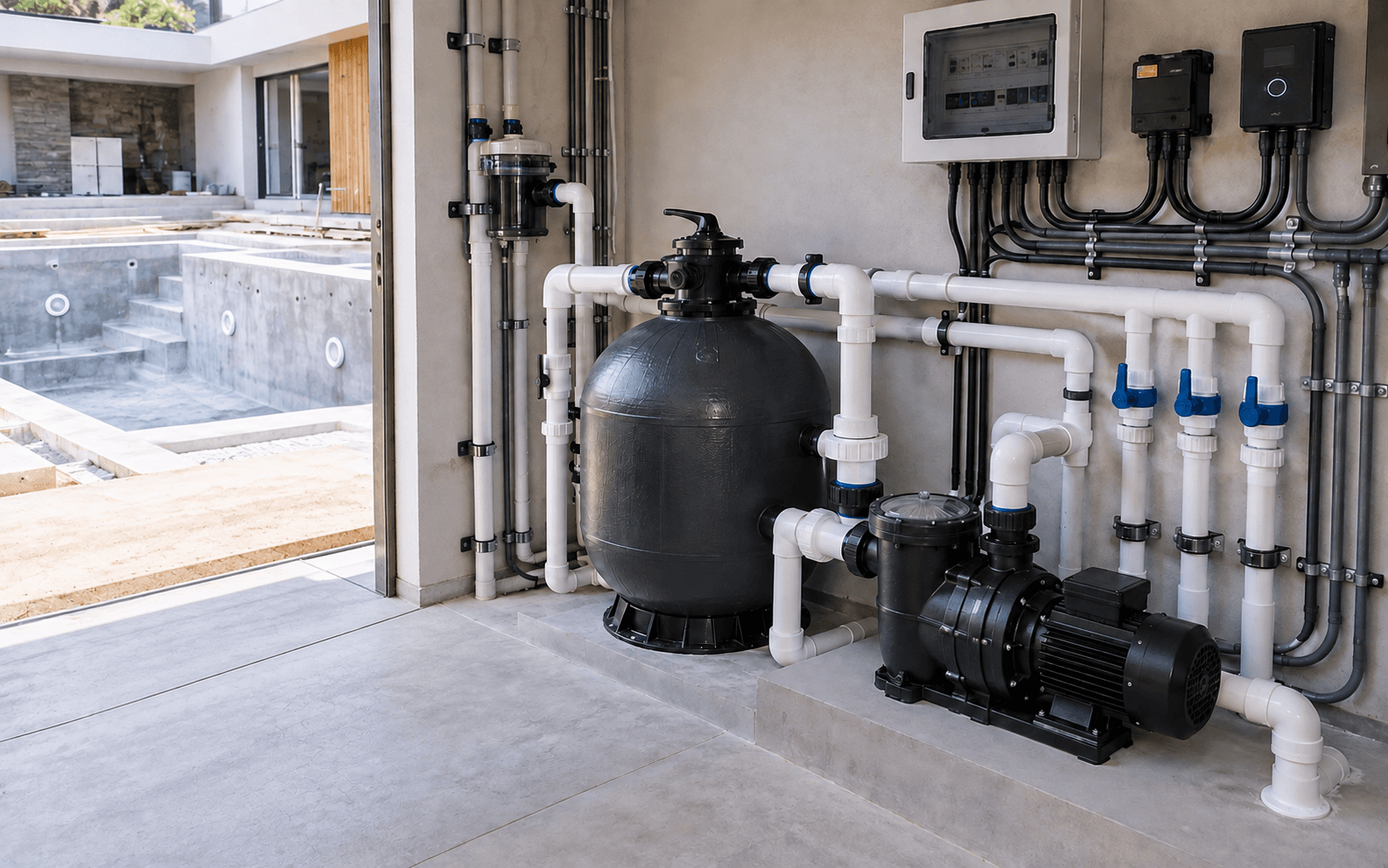 Sistema hidráulico e de filtragem de uma piscina residencial