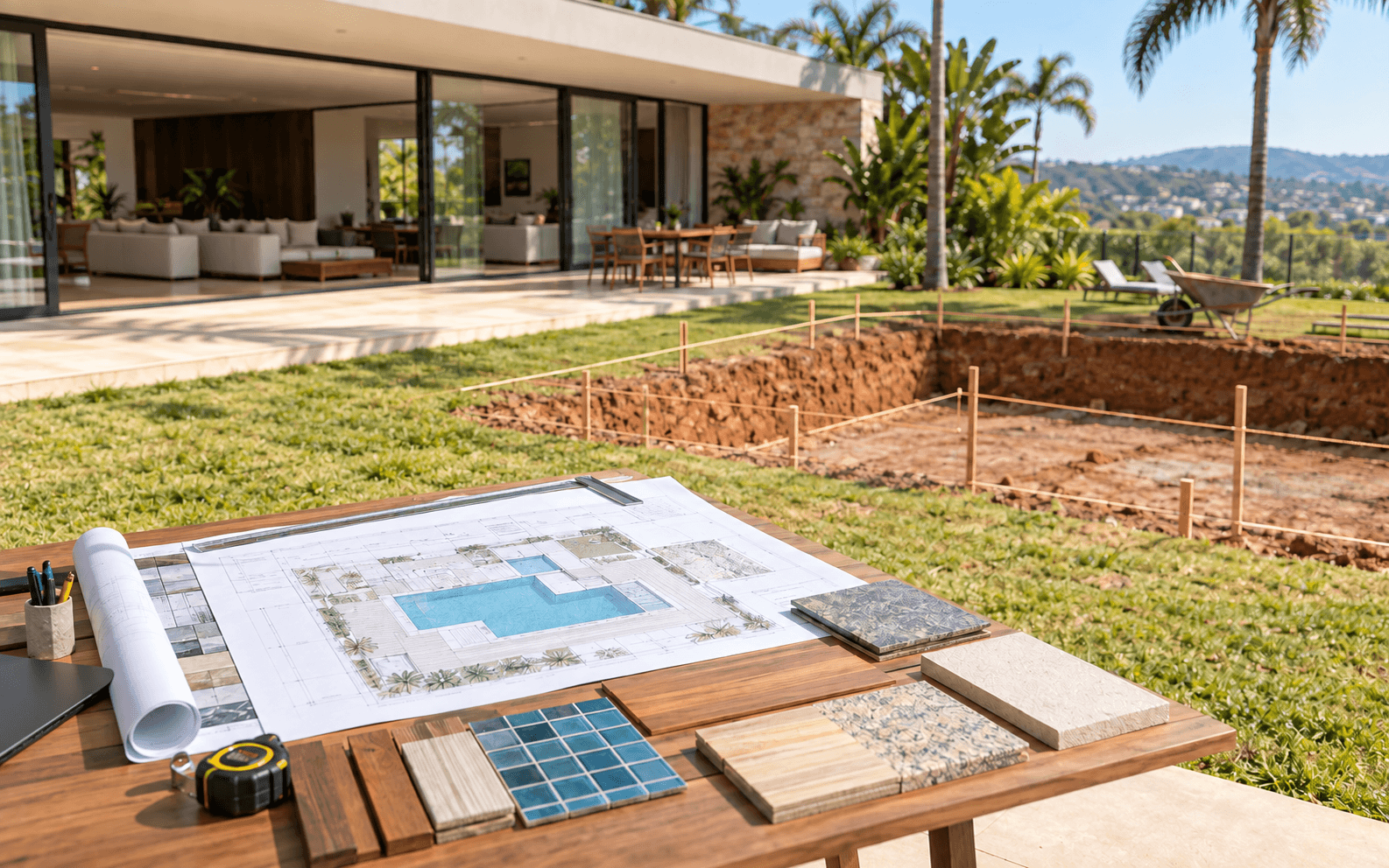 Mesa com plantas e amostras diante da implantação de uma piscina residencial