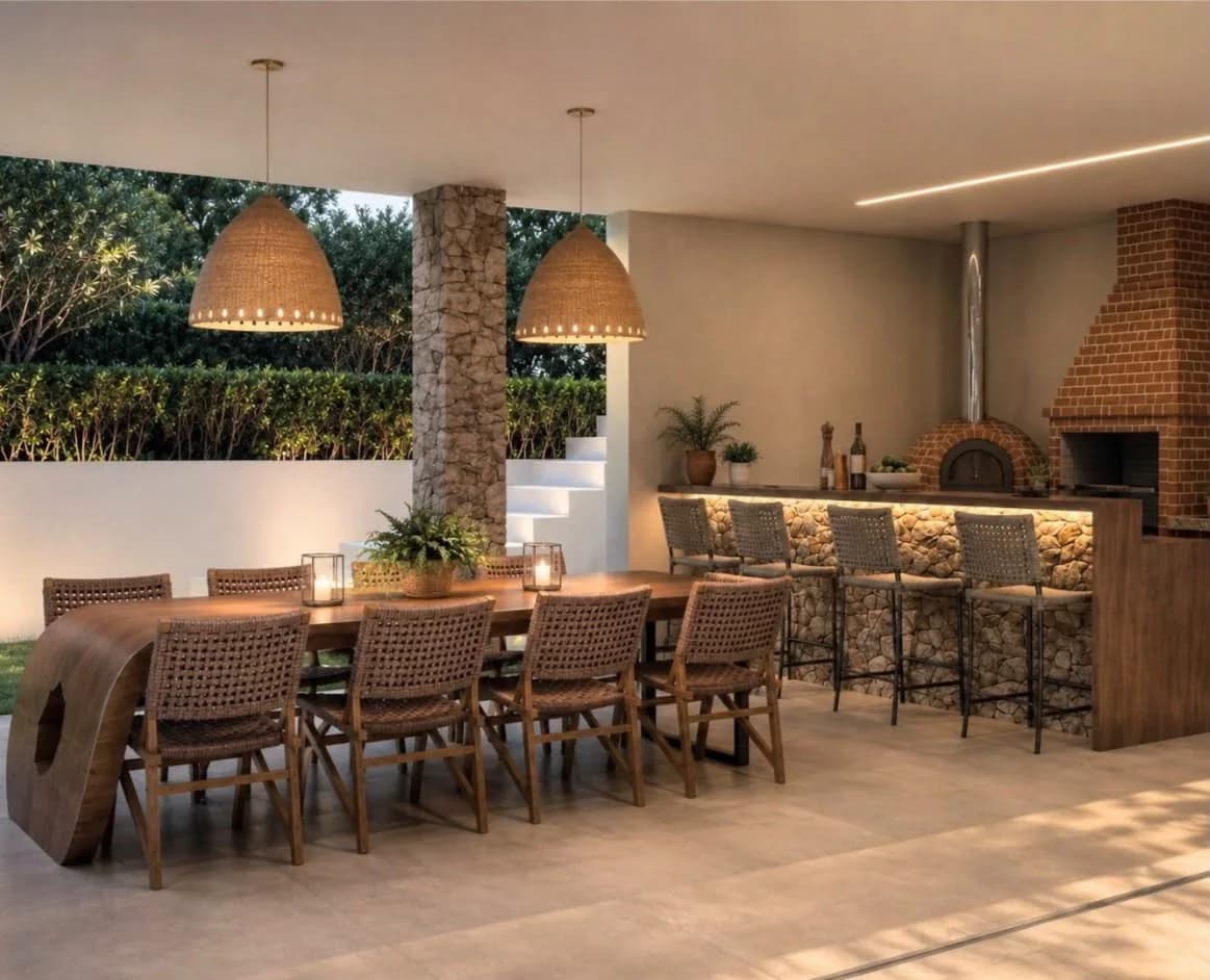 Área gourmet com mesa e espaço de convivência