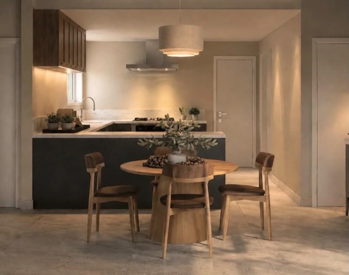 Cozinha integrada com bancada e mesa de jantar