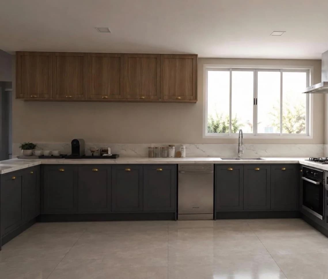 Cozinha planejada com bancada e instalações integradas